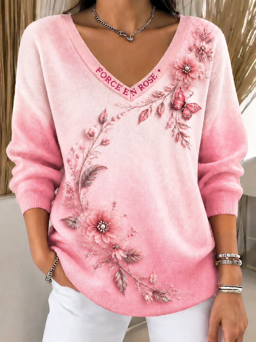 Kvinder Frankrig Brystkræft Blomster gradient Print Casual V-hals Jumpere