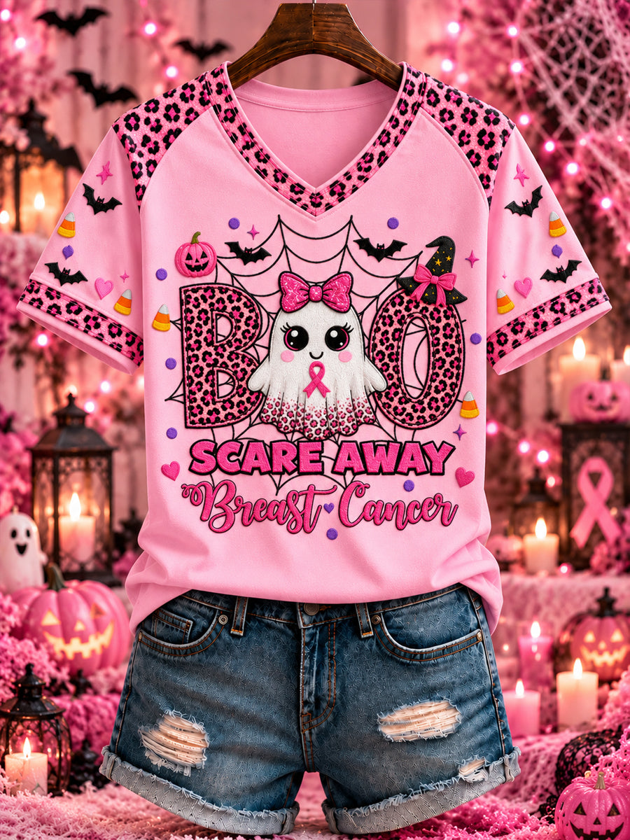 Kvinde Halloween T-shirt med tryk af brystkræft og V-udskæring