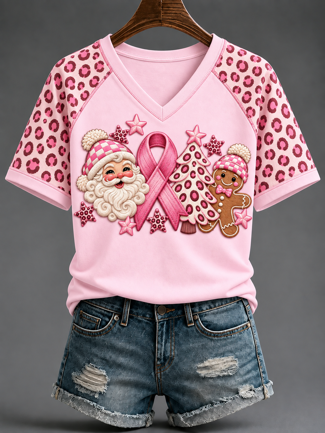 Kvinder Pink Christmas V-hals Off-skulder Kort-ærmet T-shirt