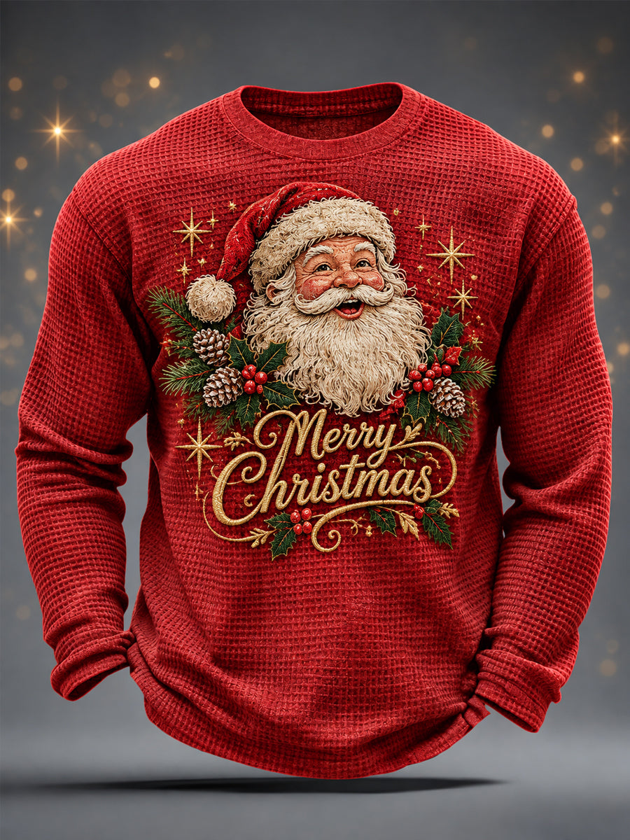 Mænds jul julen Claus Print Casual Waffle Lang ærme T-shirt