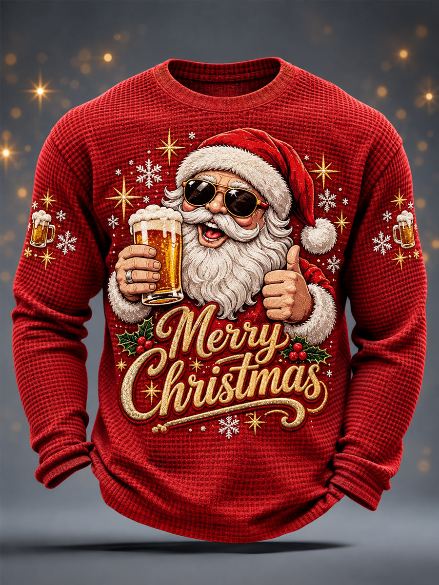 Mænds jul julen Claus drikke øl Print Casual vaffel lang ærme T-shirt