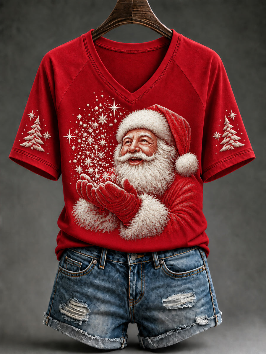 Kvinders Vintage Christmas Santa Claus Kort ærme T-shirt