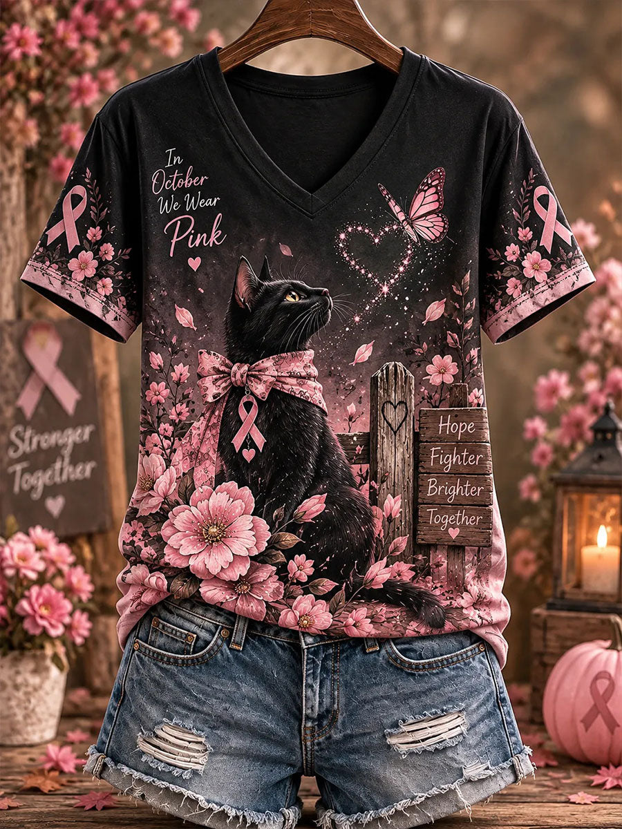 Kvinders brystkræft opmærksomhed Kat Print Casual T-shirt