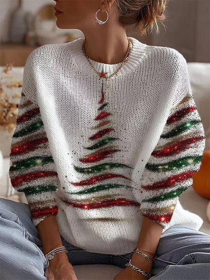 Kvinders farverige juletræs-pullover med rund hals