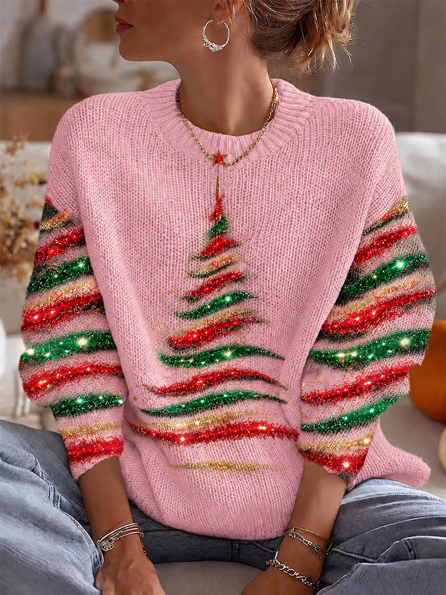 Kvinders farverige juletræs-pullover med rund hals