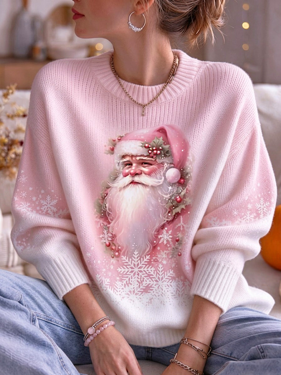 Kvinders Pink Christmas Santa Claus Print Casual Sweater Print