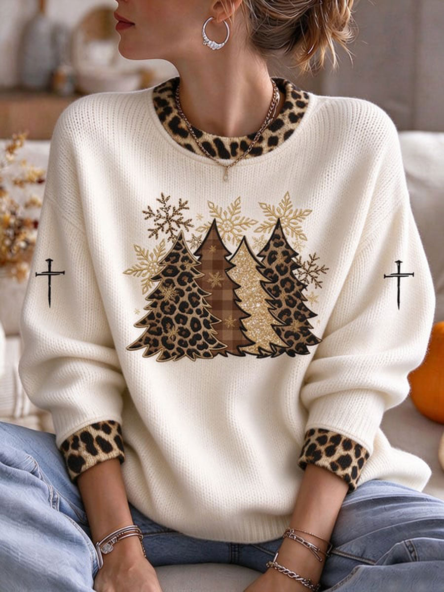 Kvinders Leopard Print Juletræ besætning hals Sweater Sweer
