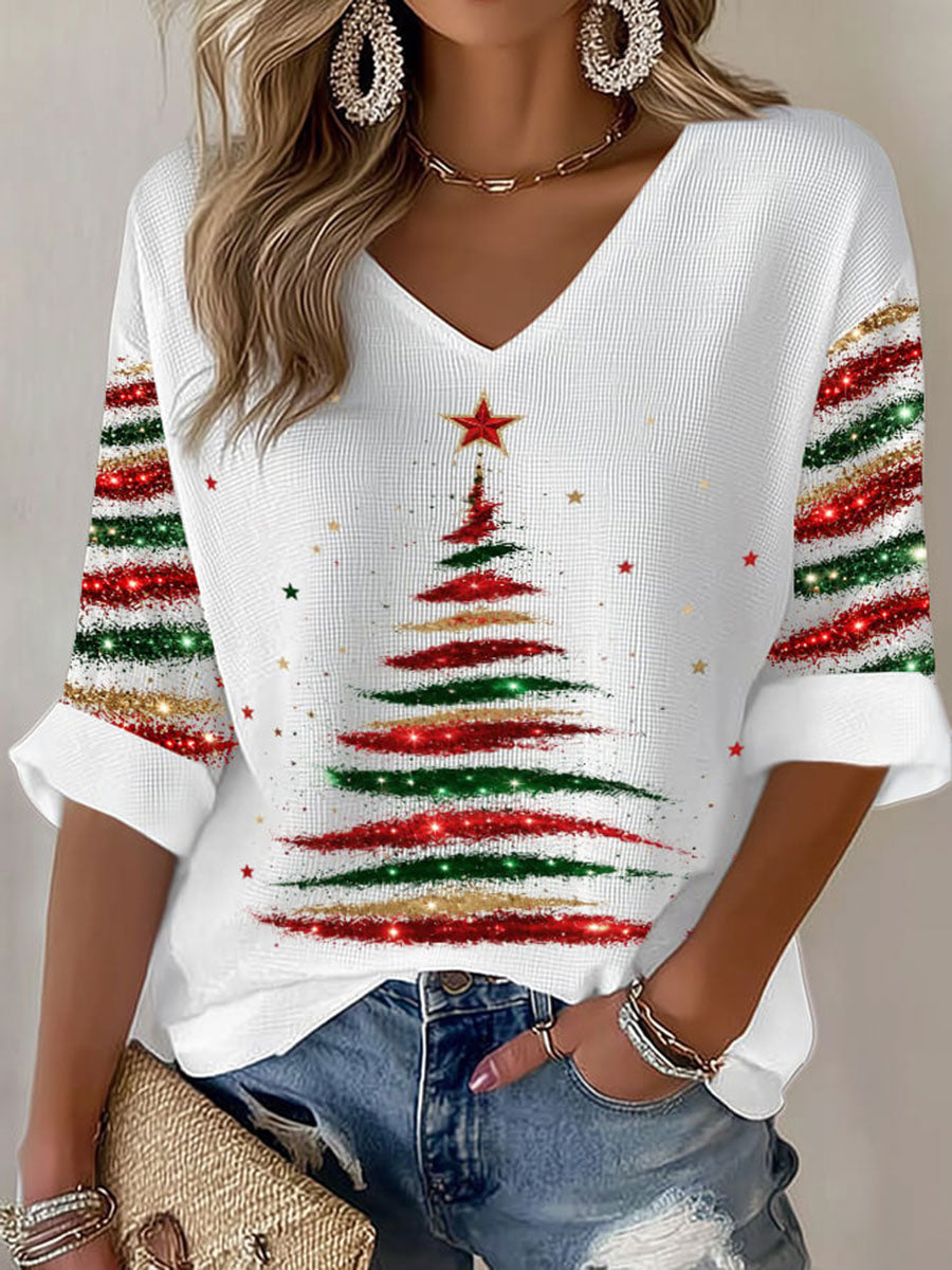 Kvinders farverige juletræ Print Waffle T-shirt