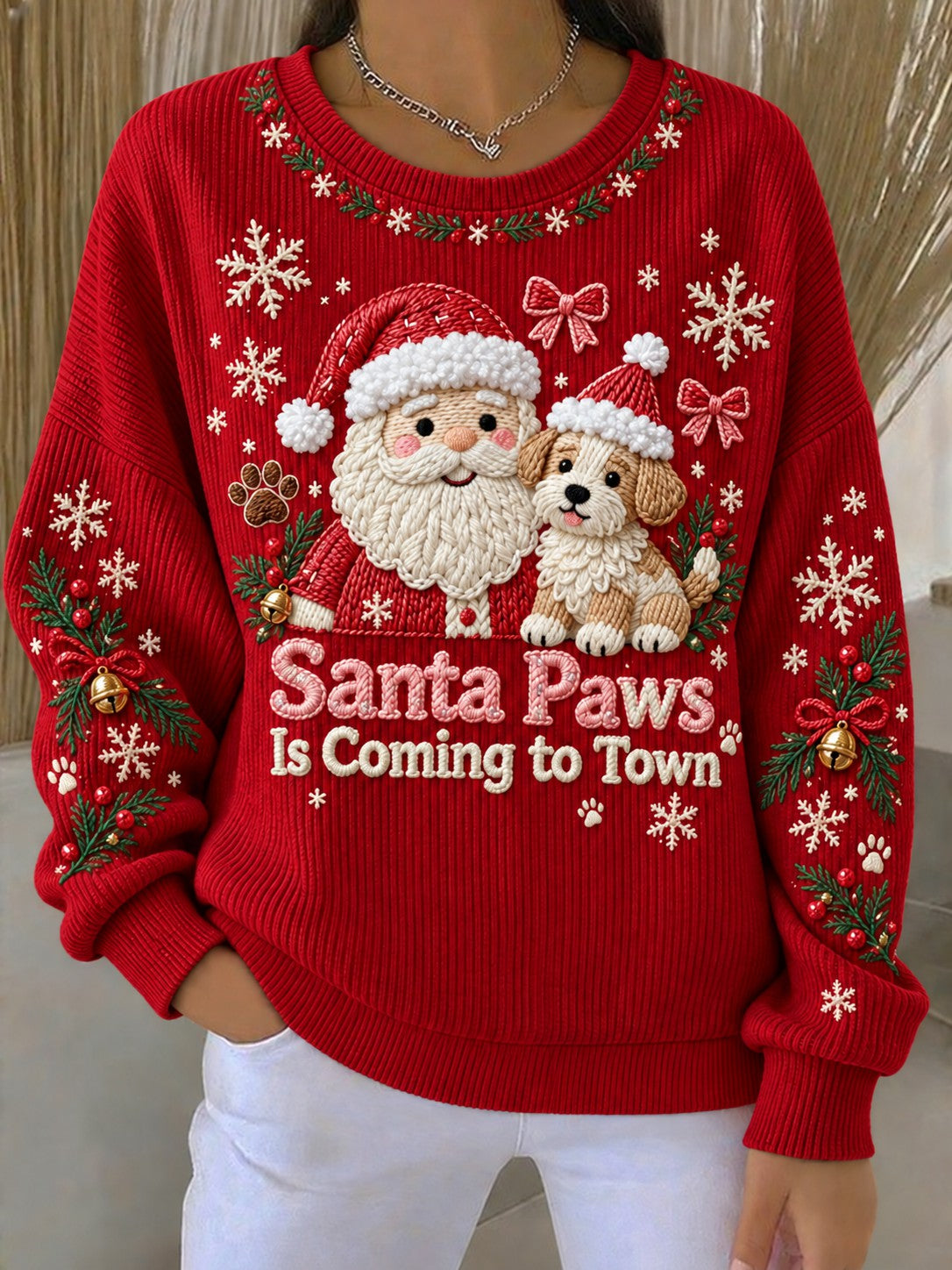 Kvinders jul Santa Paws kommer til byen trykt sweatshirt