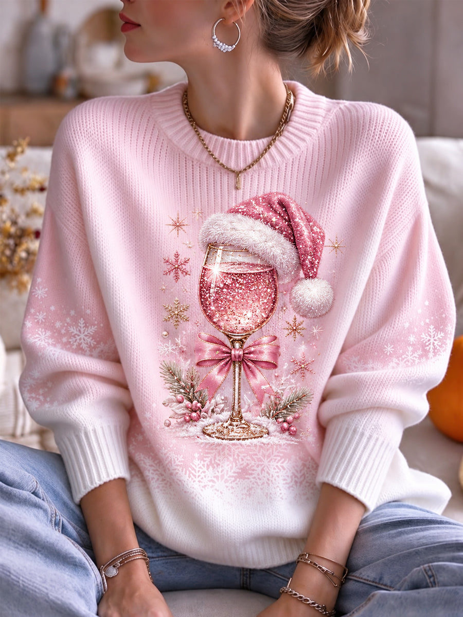 Kvinders Pink Christmas Vin Glas Print Casual Sweater Print