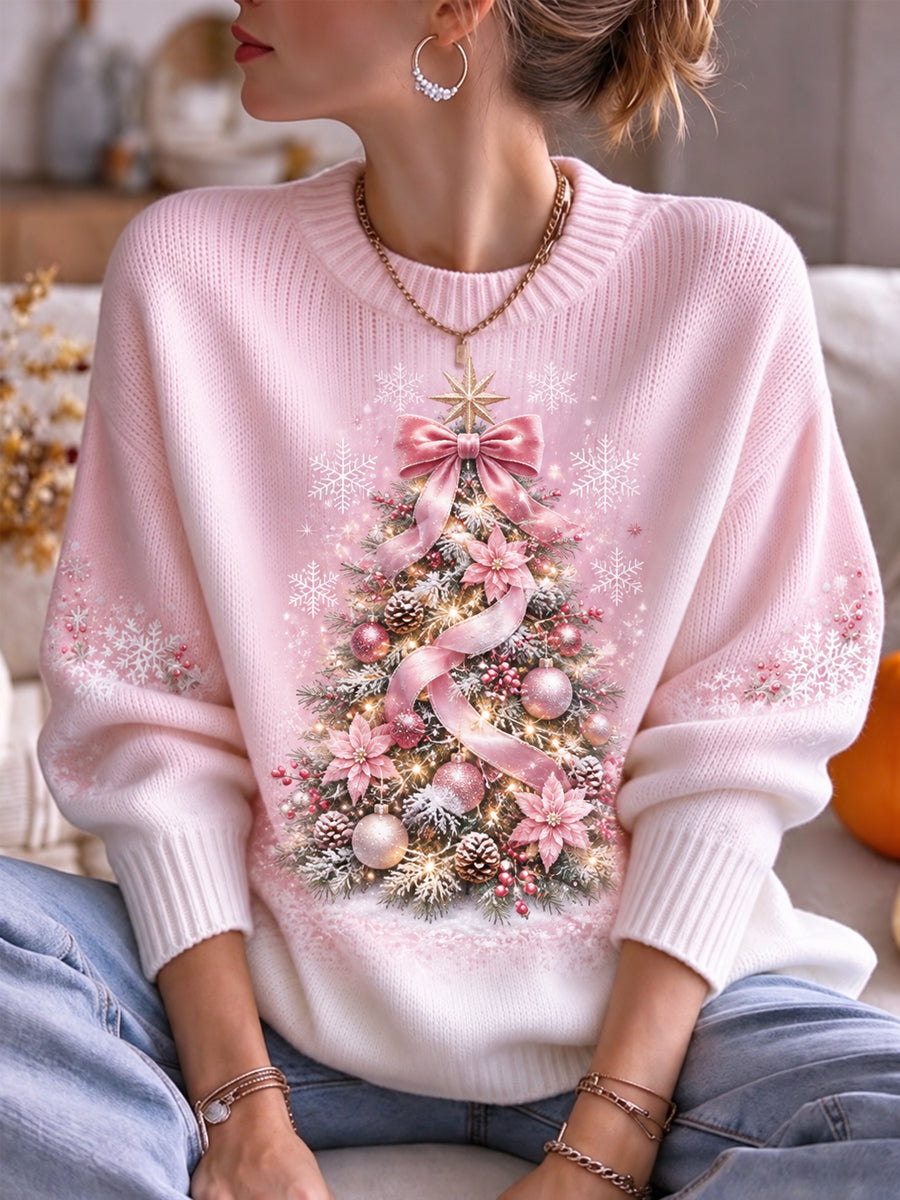 Kvinders Pink Juletræ Print Casual Sweater Print