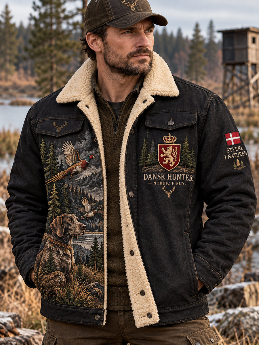 Fleeceforet herrejakke med jagtmotiv