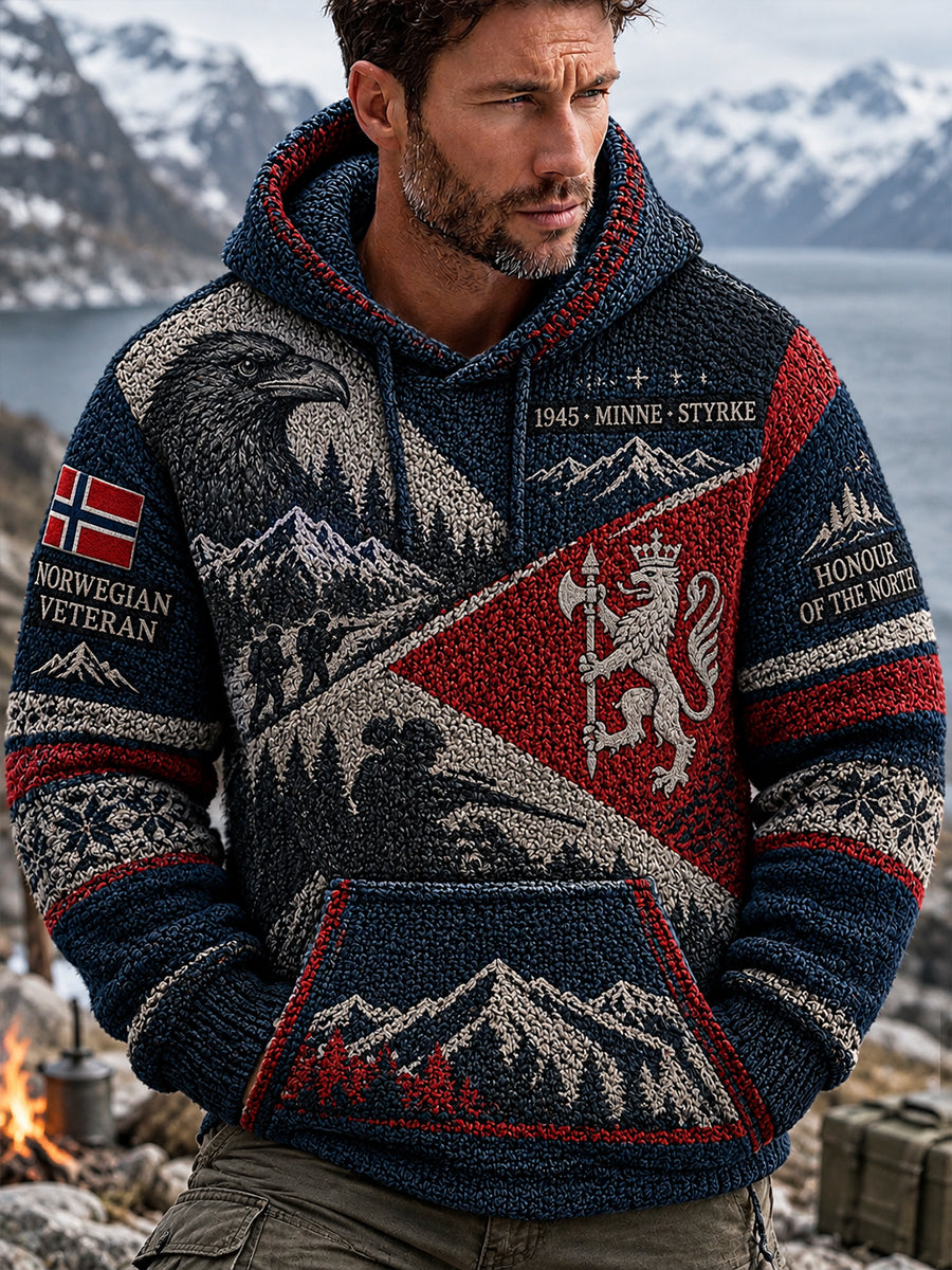 Herrens vinter strikket Hoodie med militær-insspirert grafikk