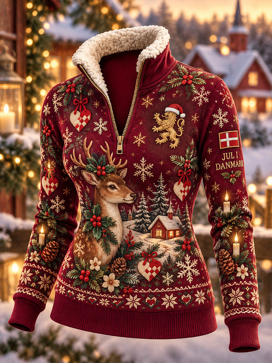 Kvinders Fleece-Lined High-hals Sweatshirt med jul-tema Print
