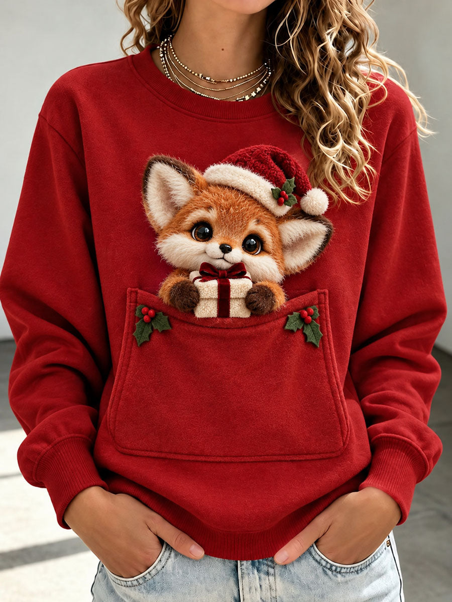 Kvinde-julepullover med ræveprint, afslappet stil