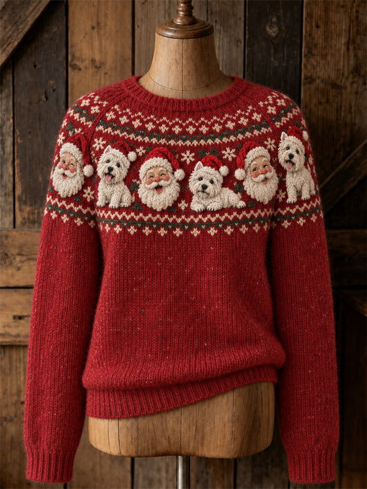 Kvinders Vintage Christmas Santa Claus & West Highland White Terrier Hunde Yoke Isle Print besætning hals sweater.