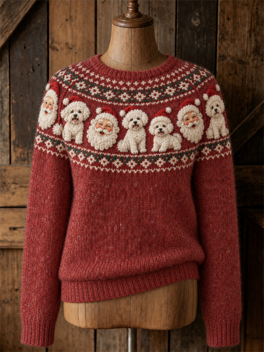Kvinders Vintage Christmas Santa Claus & Bichon Dogs Yoke Isle Print besætning hals sweater.