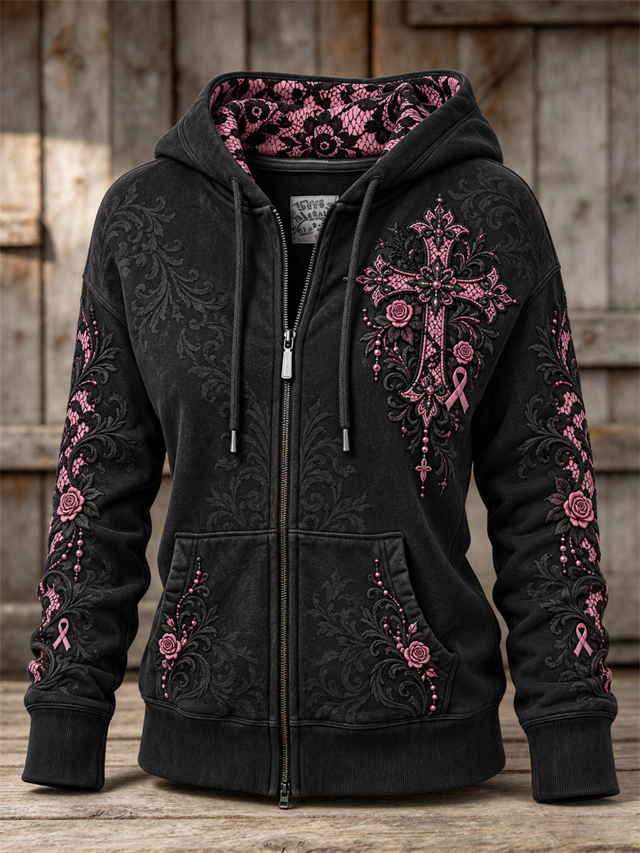 Kvinders Vintage Gothic Cross & Pink Ribbon Roser Lace Art Print Fuld Zip Hoodie