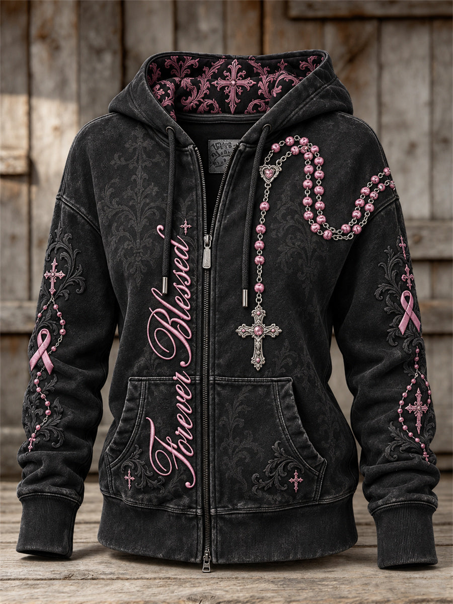 Kvinders evige velsignet kors Beaded Vedhæng & Pink Ribbon Print fuld Zip Hoodie Print
