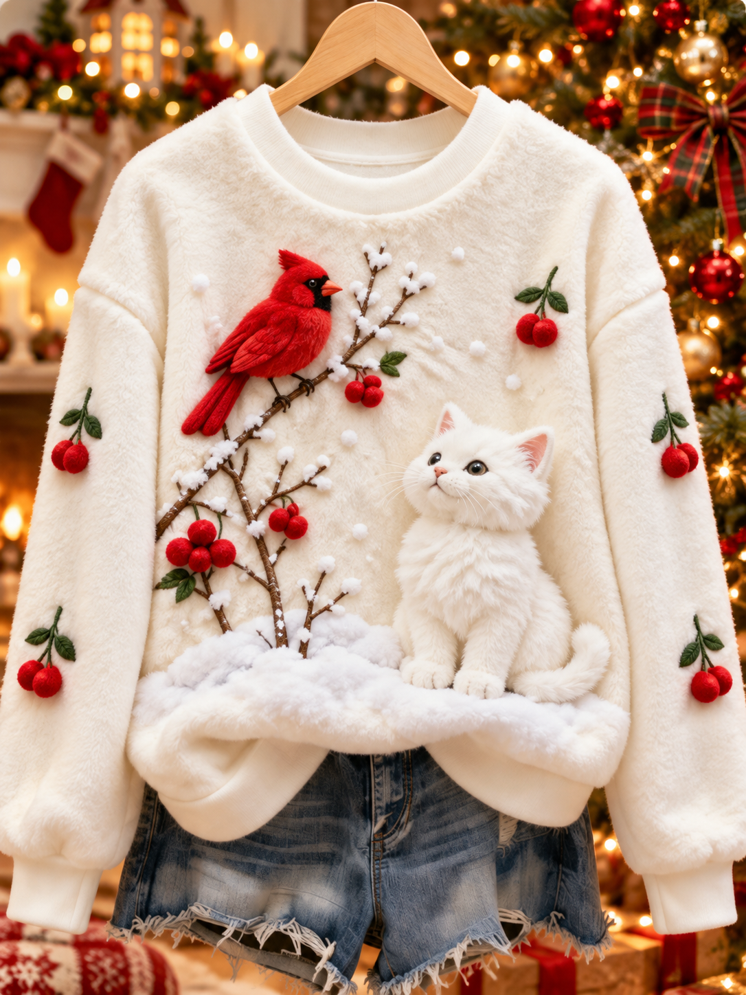 Kvinders søde jul kat Northern kardinal Art Print Casual Flannel Sweatshirt
