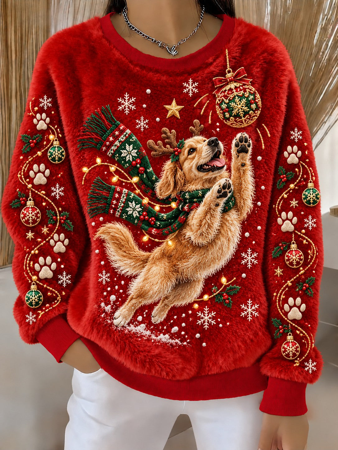 Dame-julesweater med hundetryk i flannel
