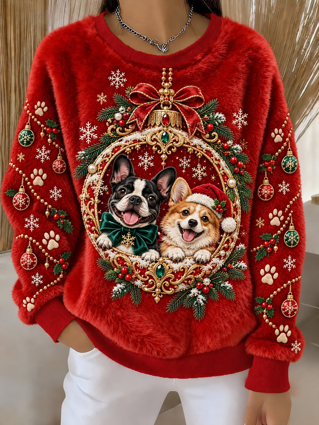 Dame-julesweater med hundetryk i flannel