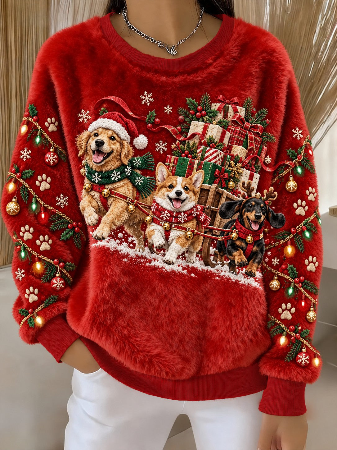 Dame-julesweater med hundetryk i flannel