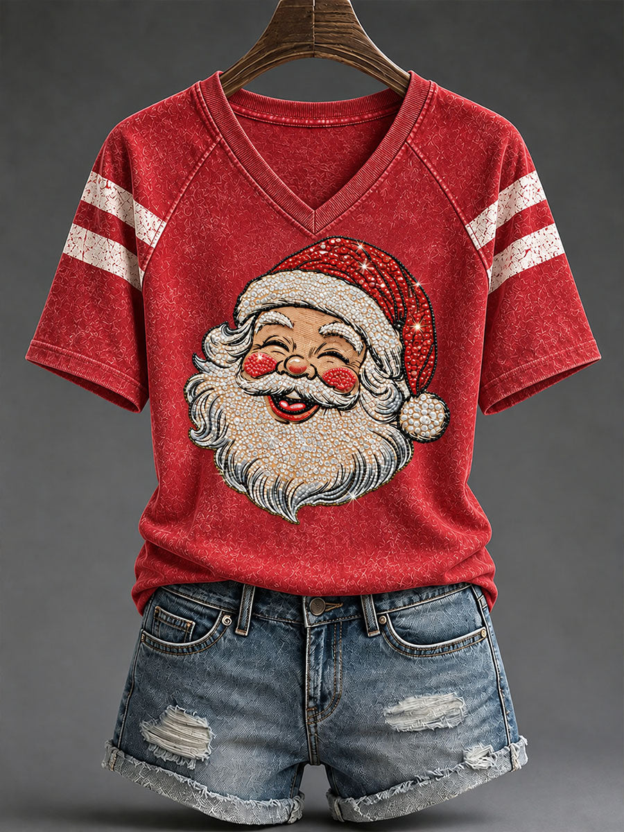 Kvindernes Vintage Santa Claus Print V-hals off-shoulder kortærmet T-shirt