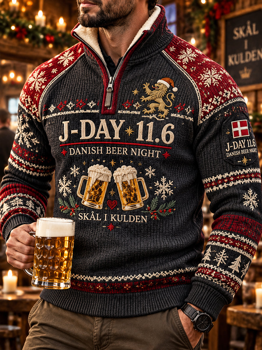 Mænds Fleece-Lined Strik sweatshirt med mock hals og jul øl-tema print