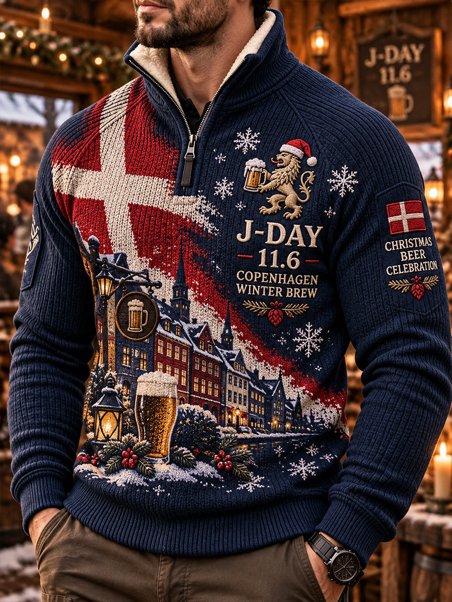 Herrestrømpe med fleecefor, mock-hals og julemotiv med øltema