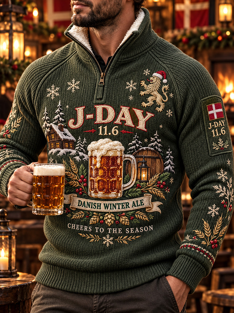 Herrestrømpe med fleecefor, mock-hals og julemotiv med øltema