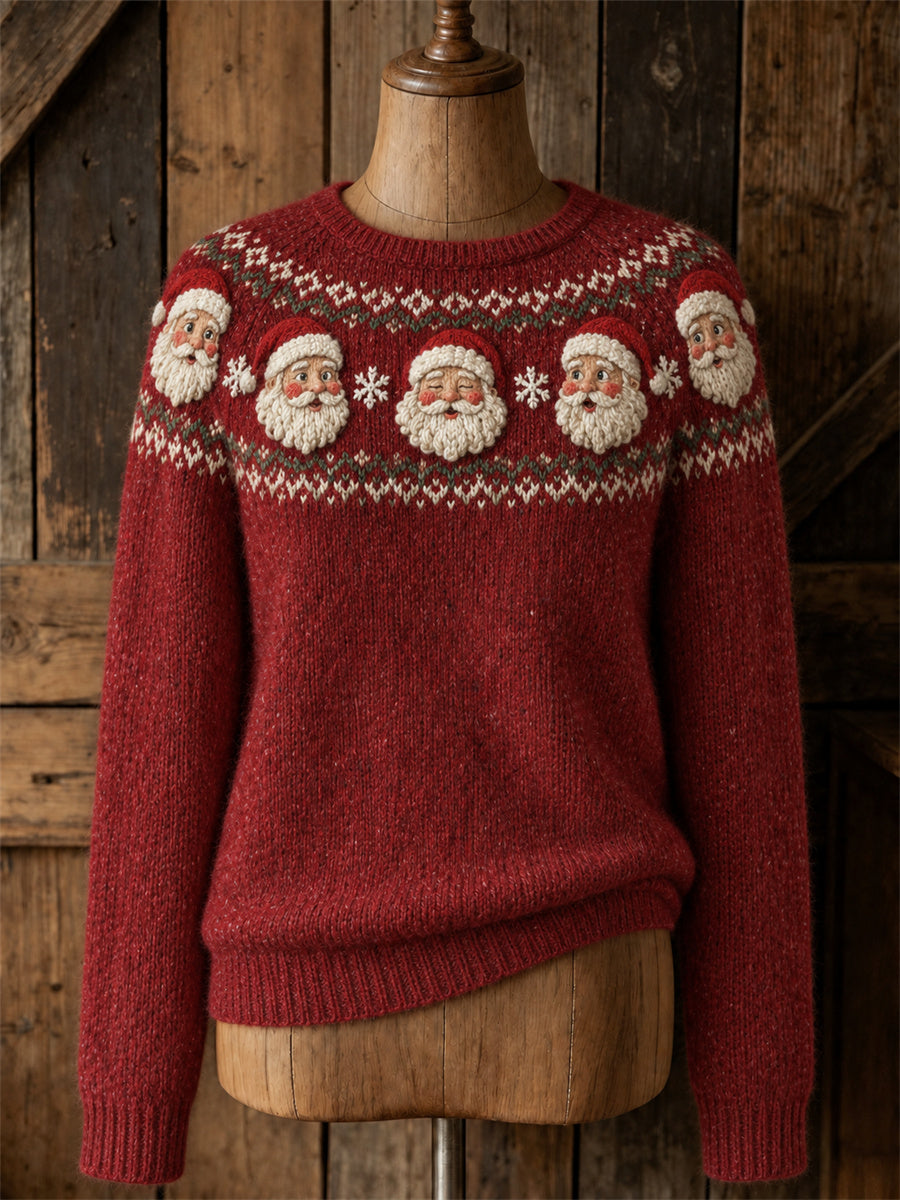 Kvinders Vintage Christmas Santa Claus Snefnuger Yoke Isle Print besætning hals sweater.