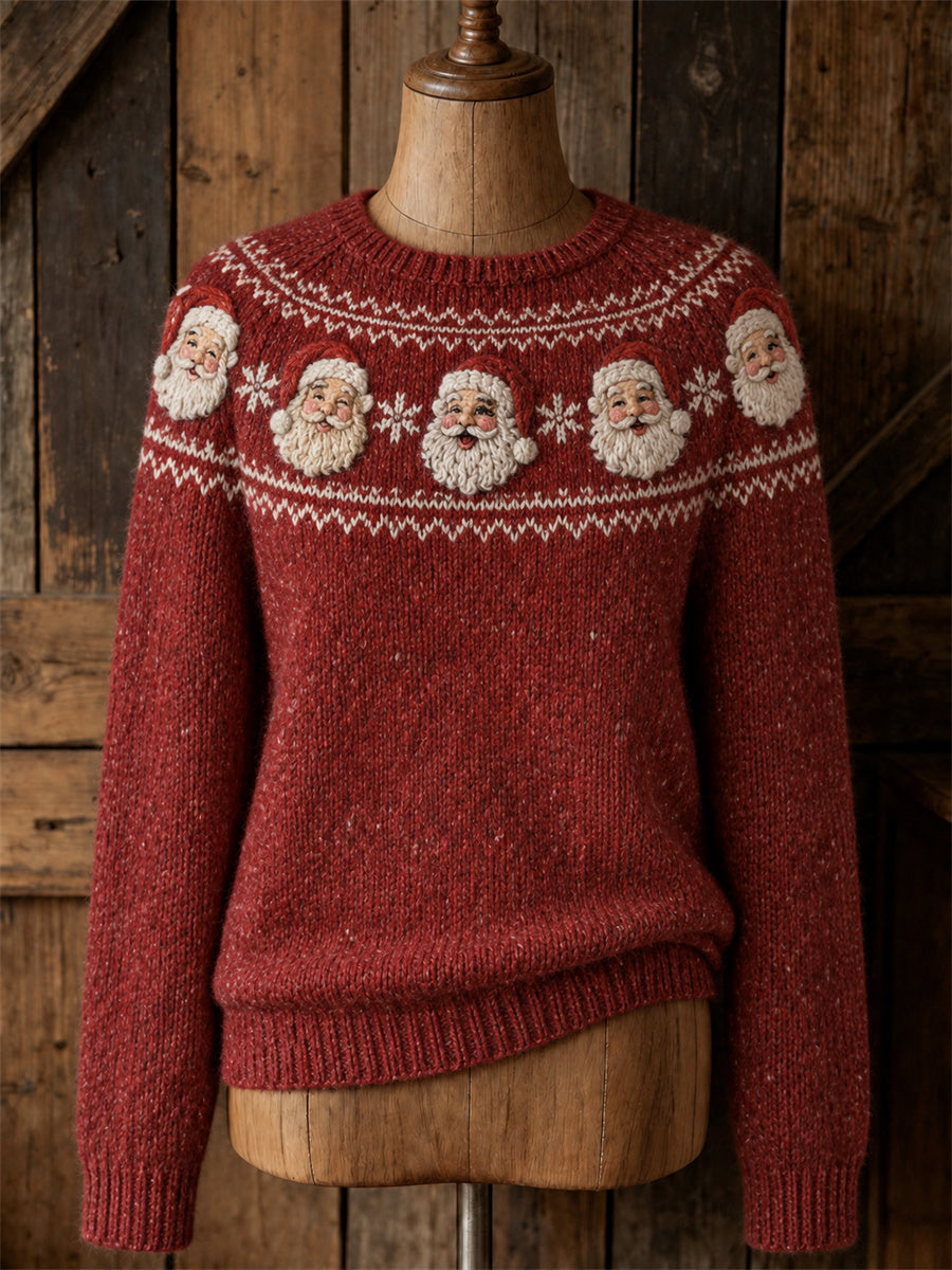 Kvinders vintage julesweater med julemand, snefnug og ø-mønster samt rund hals