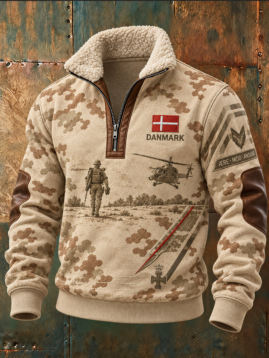 Herre-sweatshirt med fleecefor, høj krave og grafisk print med veteranerminde