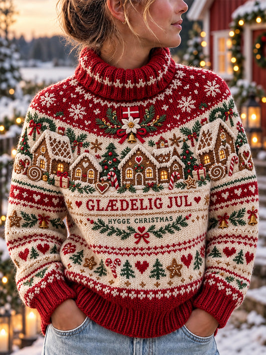 Kvinders strikket turtleneck-sweater med julemotiv