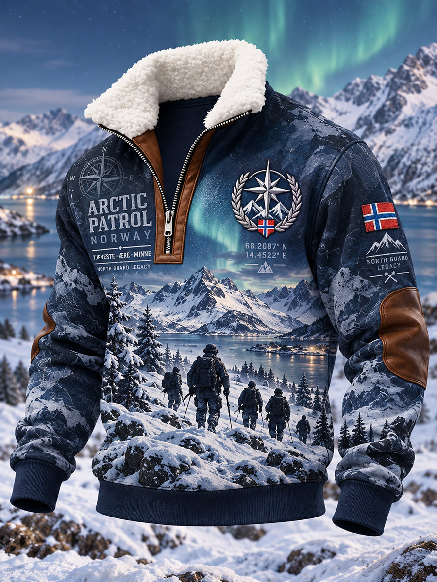 Herrens fleece-forert høyhals-weatshirt med militær-tema grafisk trykt