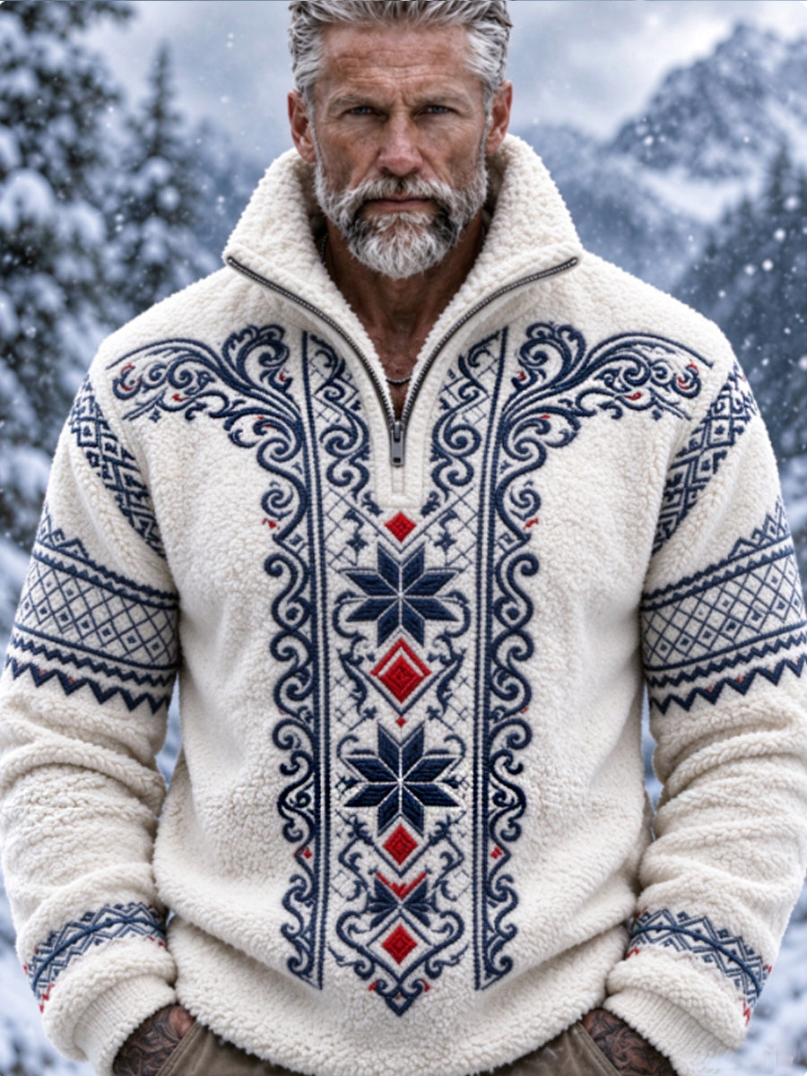 Herre-sweatshirt i nordisk Fair Isle-stil med geometrisk snefnugmønster, flannel