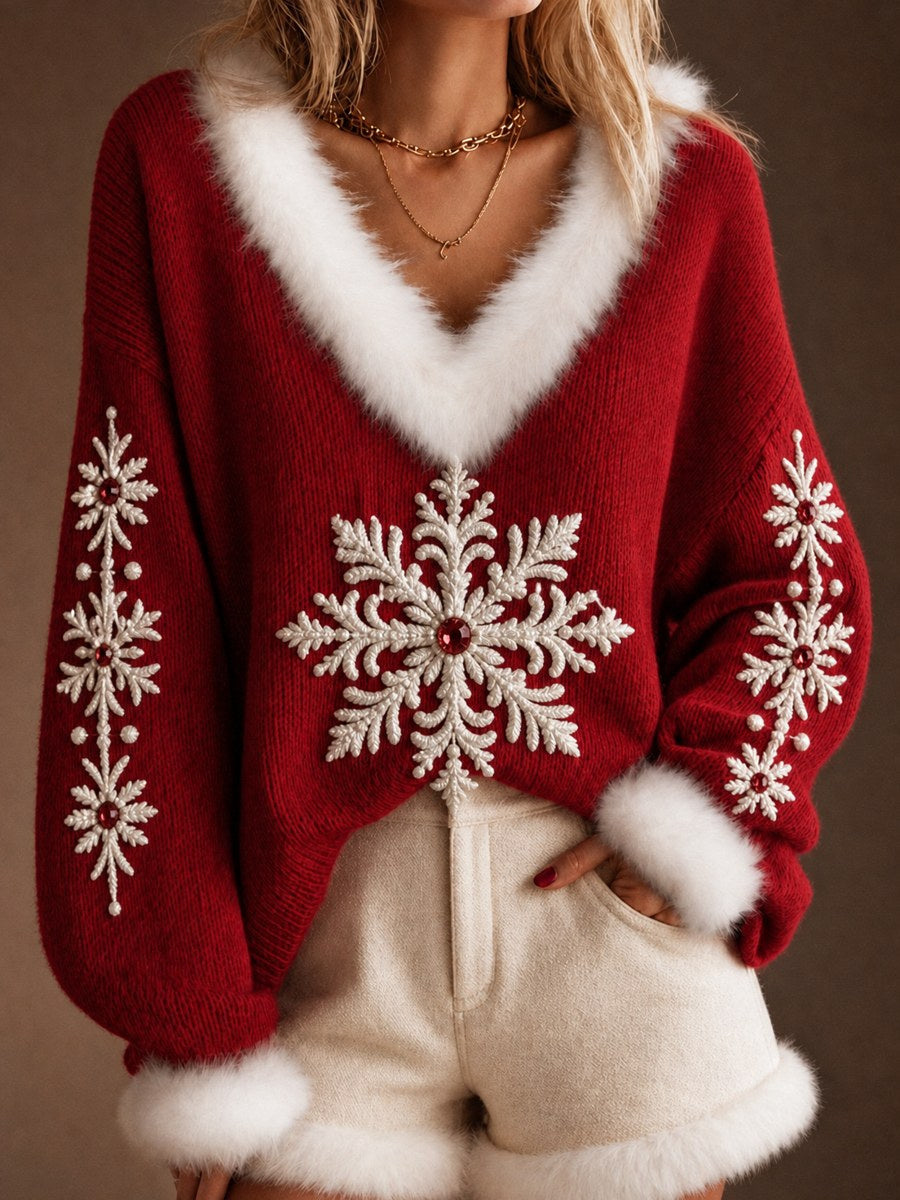 Kvinders elegante julesweater med snefnugprint, pelskant og V-udskæring