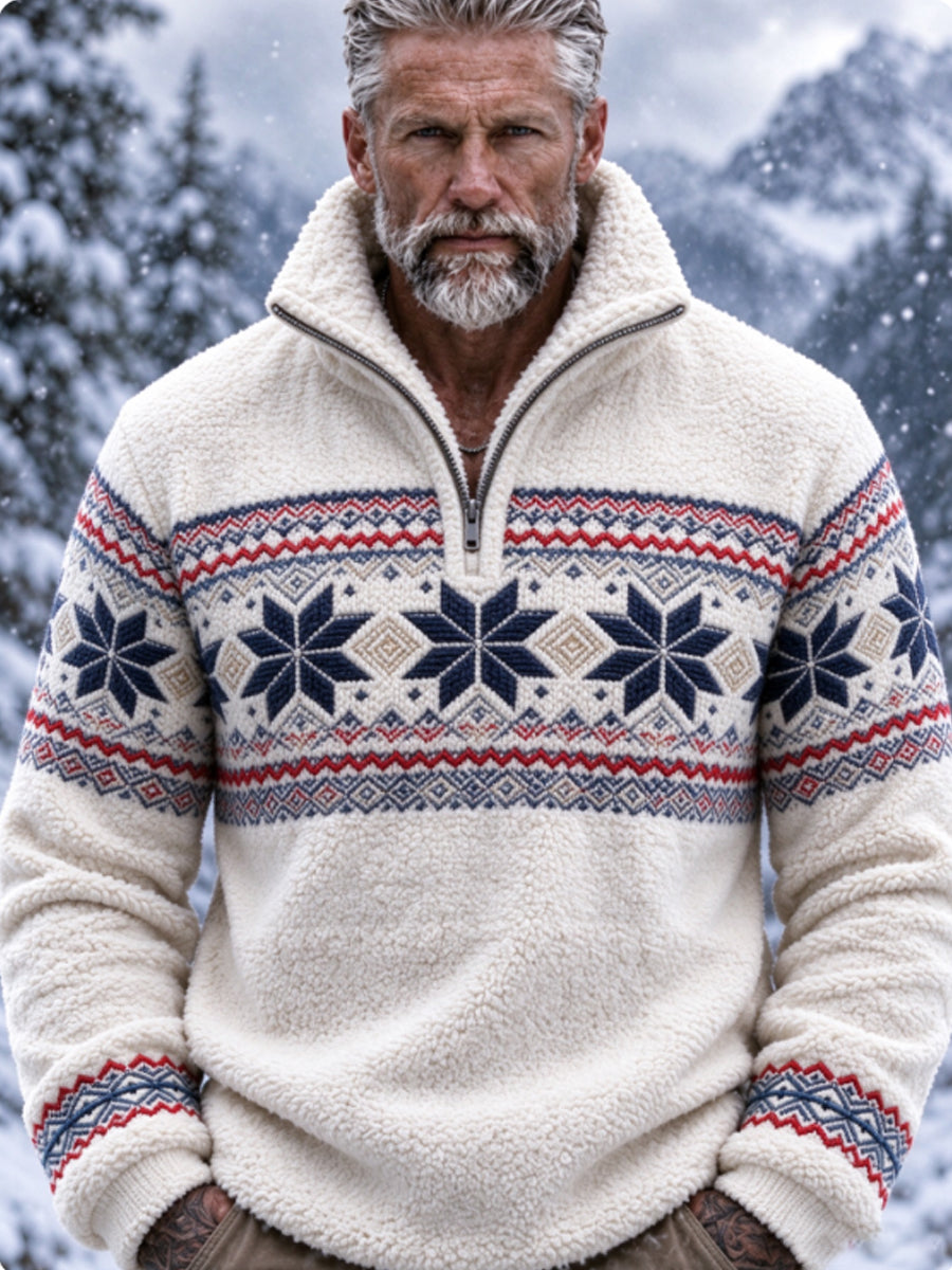 Herre-sweatshirt i nordisk Fair Isle-stil med geometrisk snefnugmønster, flannel