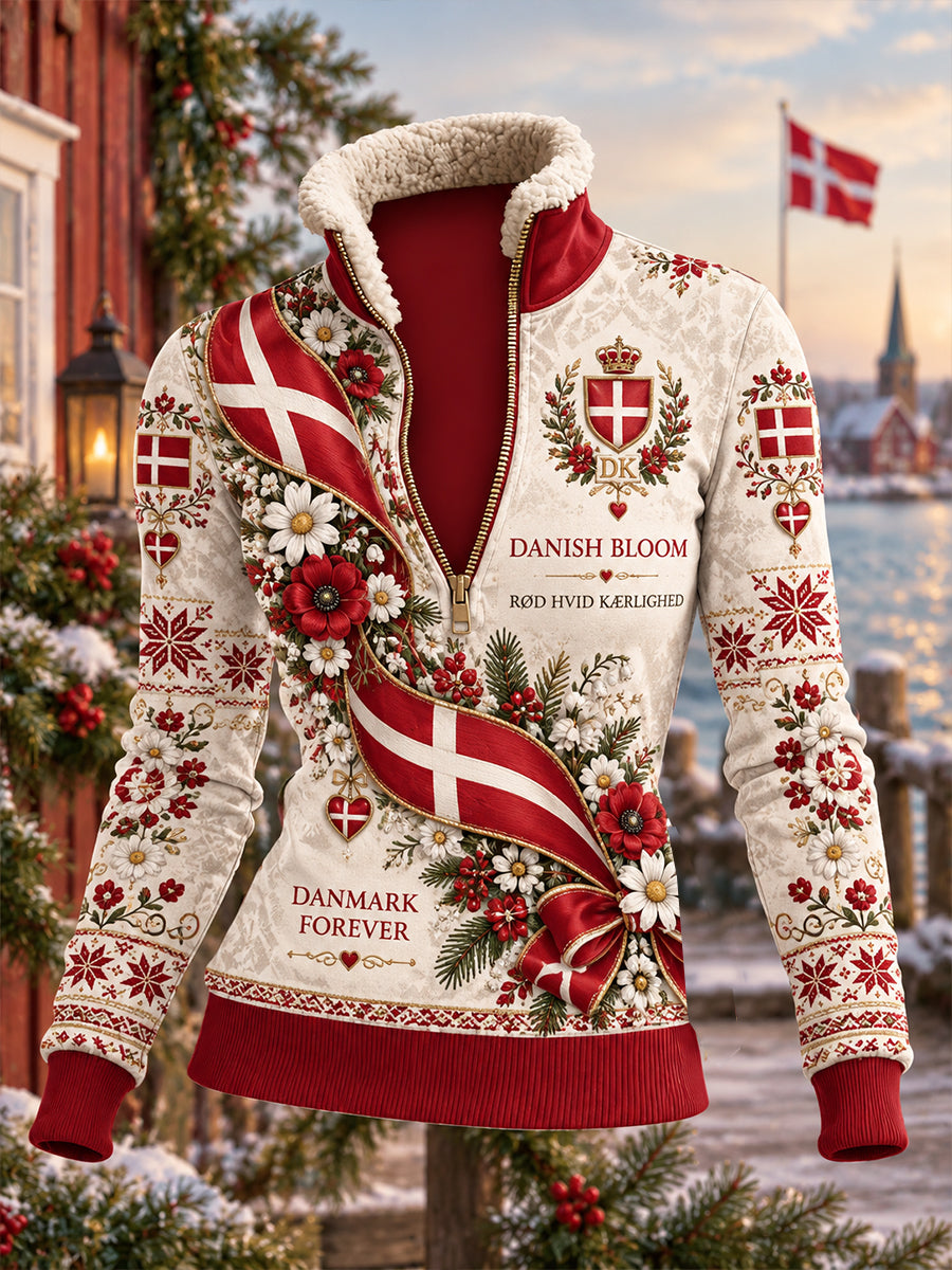 Kvinders patriotiske fleeceforede sweatshirt med grafisk print og halvhøj krave