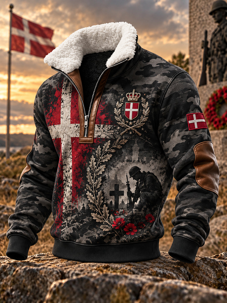 Herre-sweatshirt med fleecefor, høj krave og grafisk print med veteranerminde