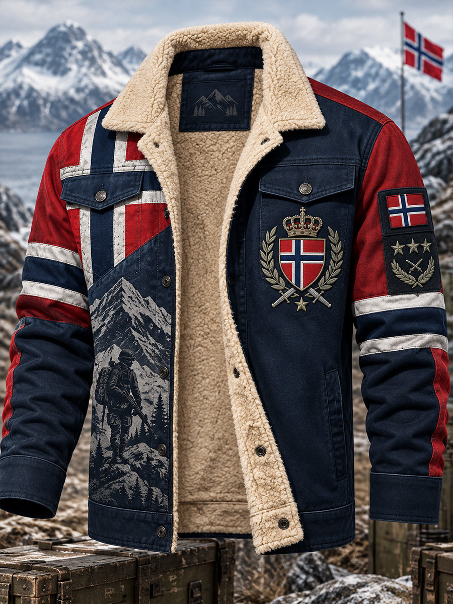 Fleecetrinset herrejakke med militært inspirert grafisk trykk