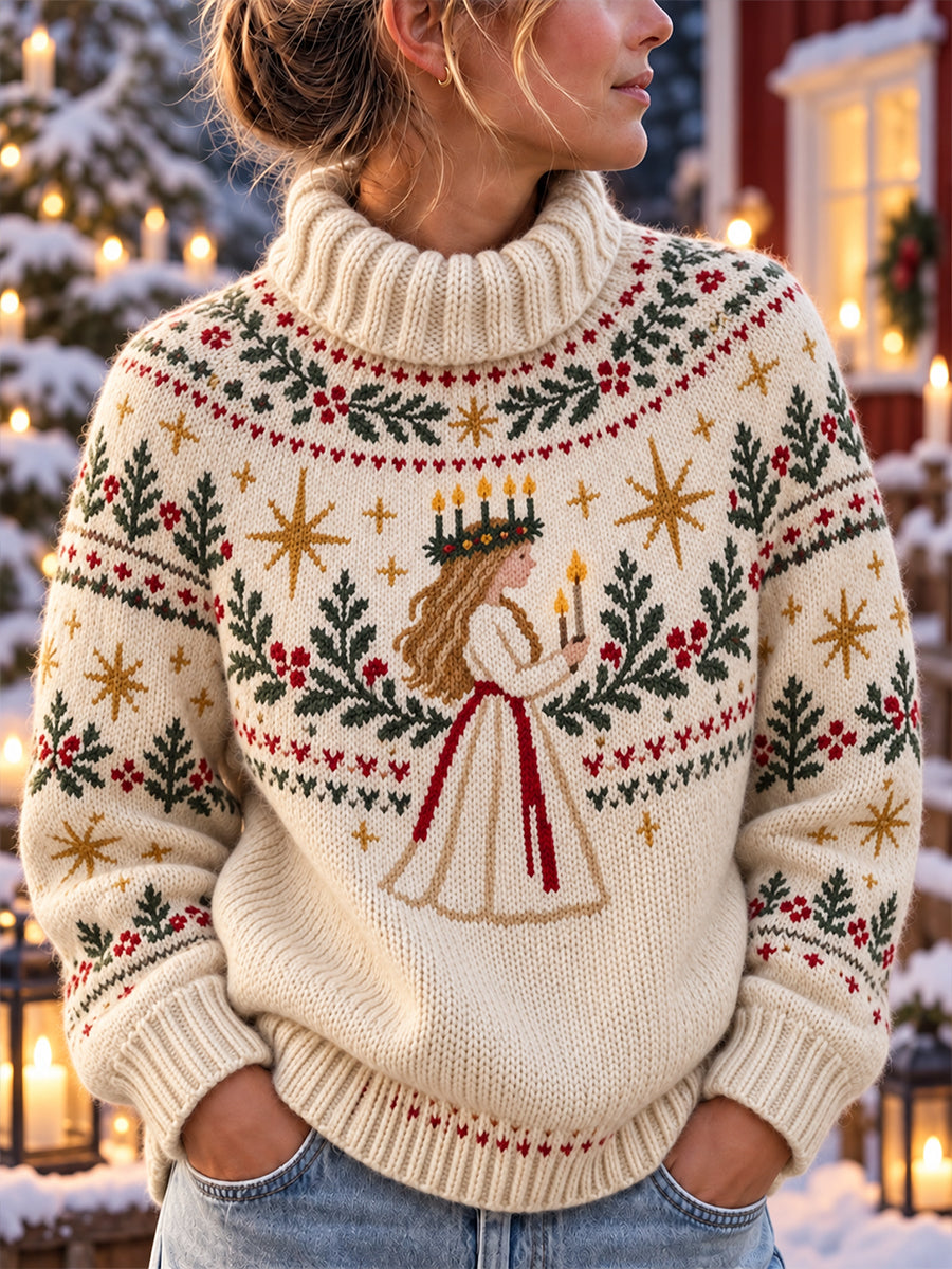 Grafisk trykket strikket turtleneck-sweatshirt for kvinner med St. Lucia-dagsmotiv