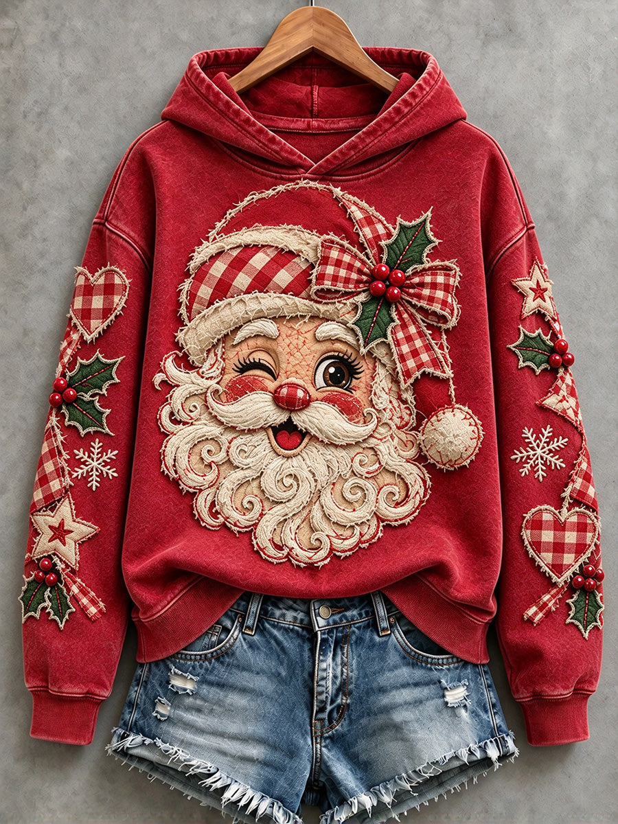 Kvinders retro, slidt julemandsprintet hyggehoodie