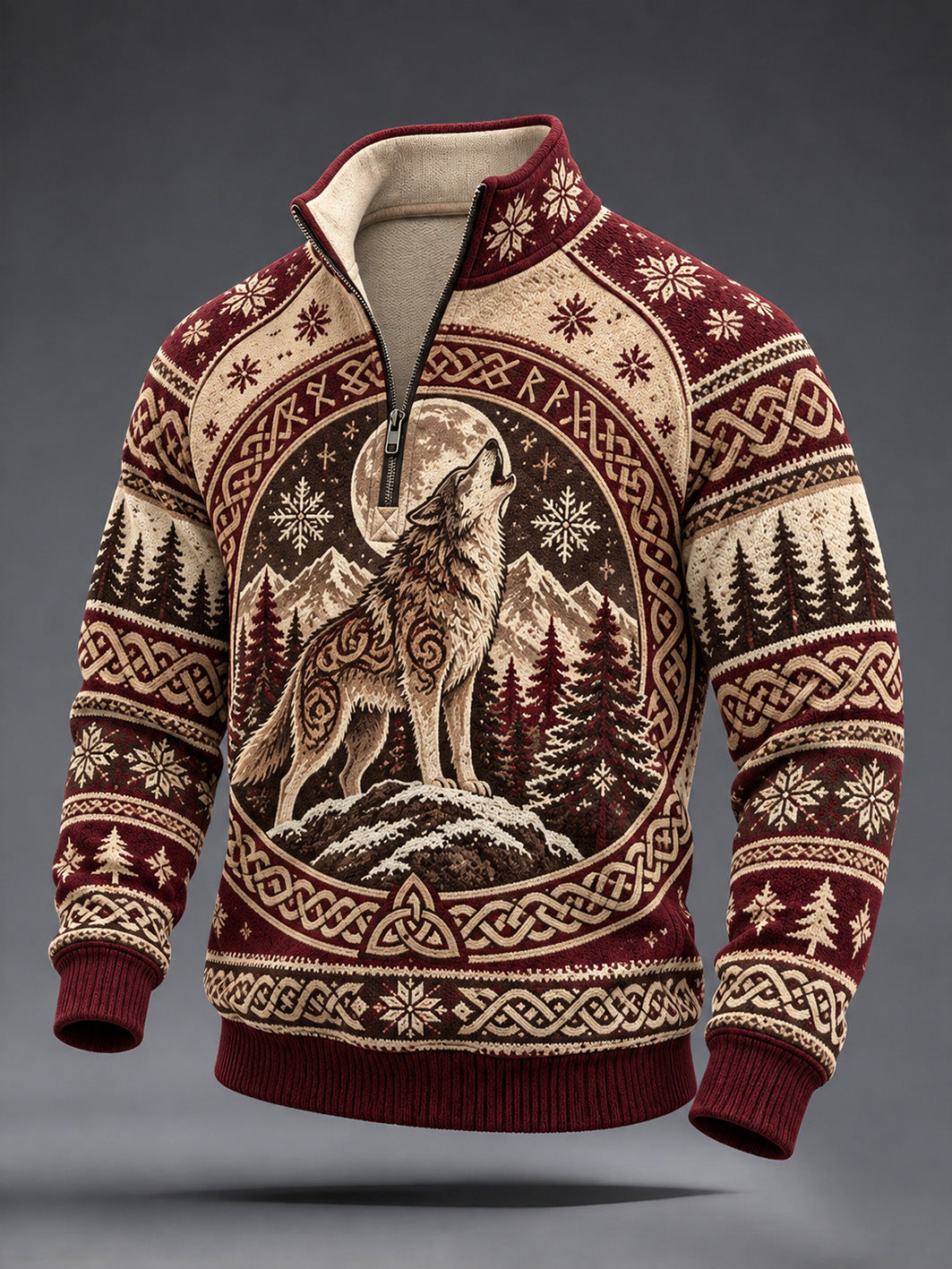 Mænds retro vikingestil sweatshirt med ulvemønster og halv lynlås til hverdagsbrug