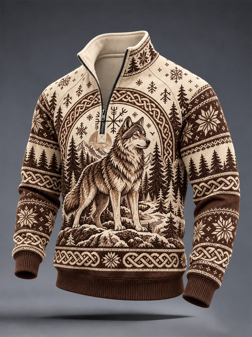 Mænds retro Viking-stil ulve-mønster afslappet halv-zip sweatshirt