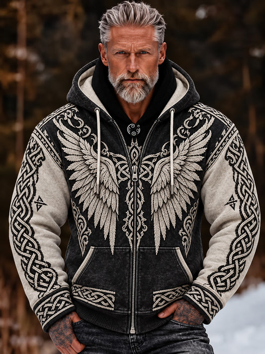Mænds Vintage Viking Celtic Knud Inspireret Vinger Print Zip-Up Hoodie Print