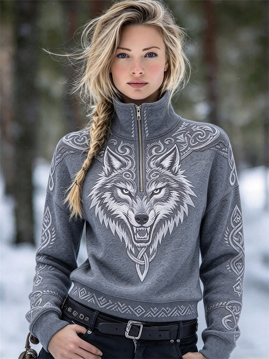 Kvinders Vintage Viking Wolf Fenrir Celtic Knud Print Zip Up Sweatshirt