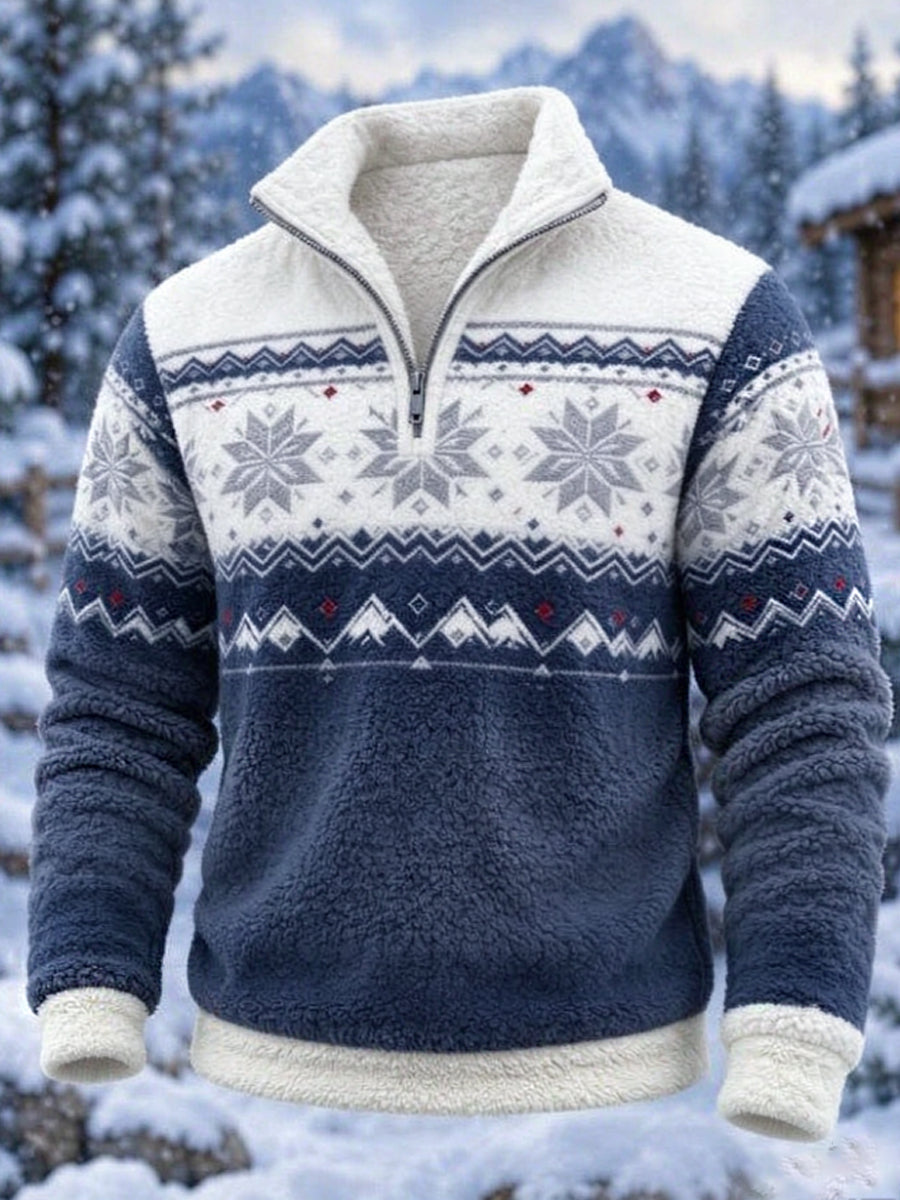 Herre-sweatshirt i nordisk Fair Isle-stil med geometrisk snefnugmønster, flannel