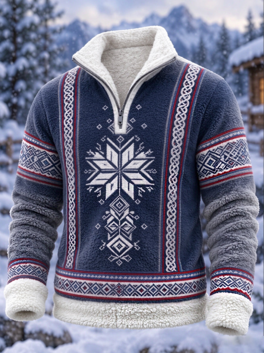 Herre-sweatshirt i nordisk Fair Isle-stil med geometrisk snefnugmønster, flannel